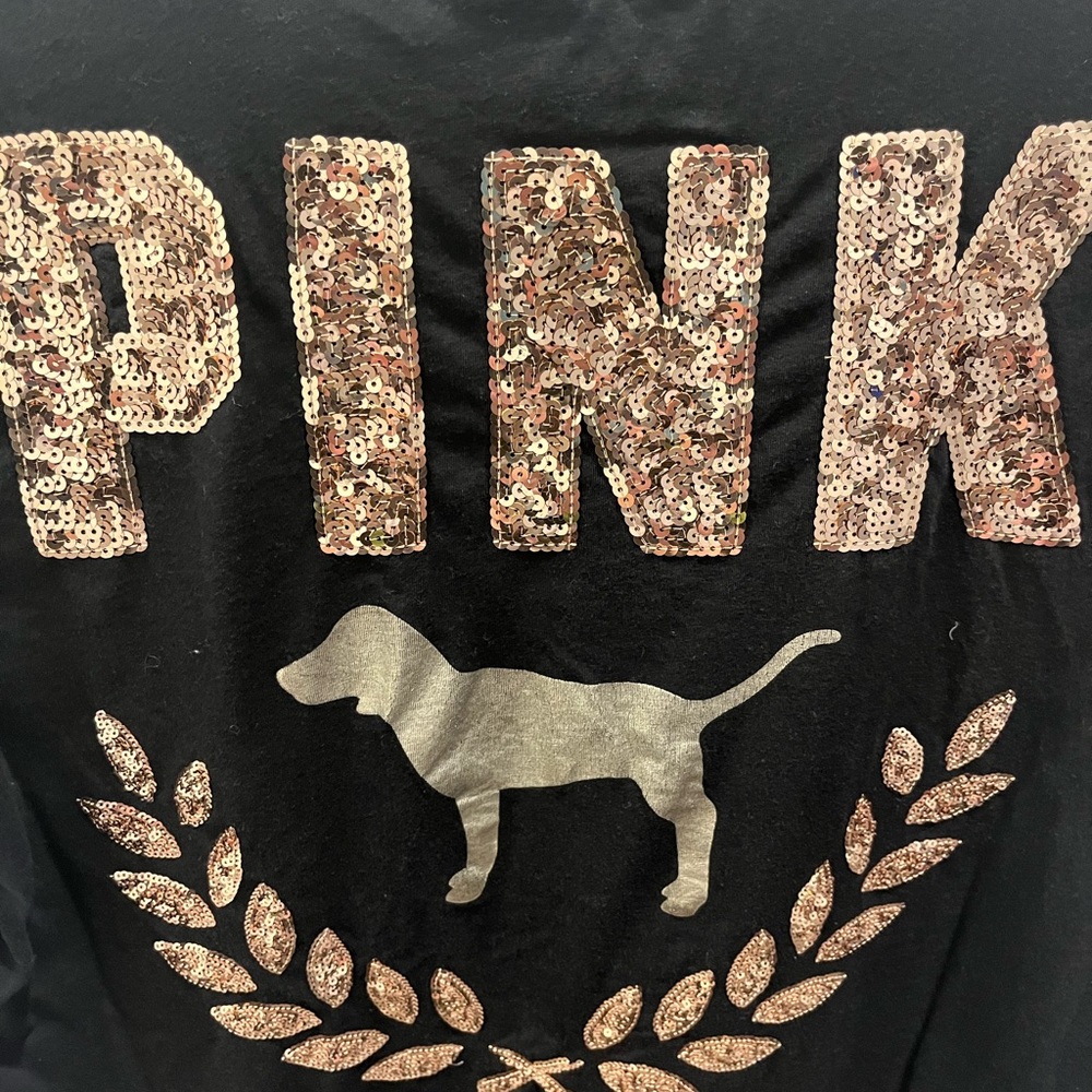 Sequin Victoria Secret PINK Vintage Logo Tee with Metallic Dog Graphic